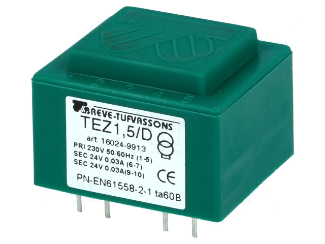 Transformator: ingegoten; 1,5VA; 230VAC; 24V; 24V; 31,2mA; 31,2mA Transformator: ingegoten; 1,5VA; 230VAC; 24V; 24V; 31,2mA; 31,2mA